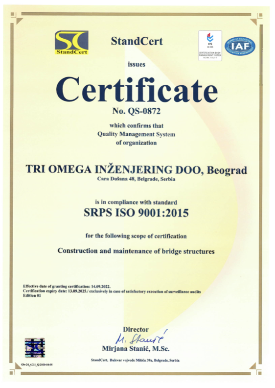 Certificate SRPS ISO 9001:2015